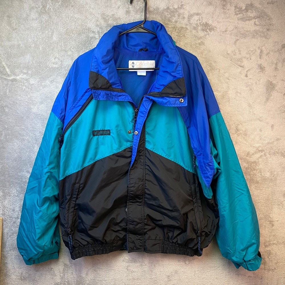Vintage Columbia Sportswear Windbreaker Jacket XL Blue‎ Teal Black Color Block